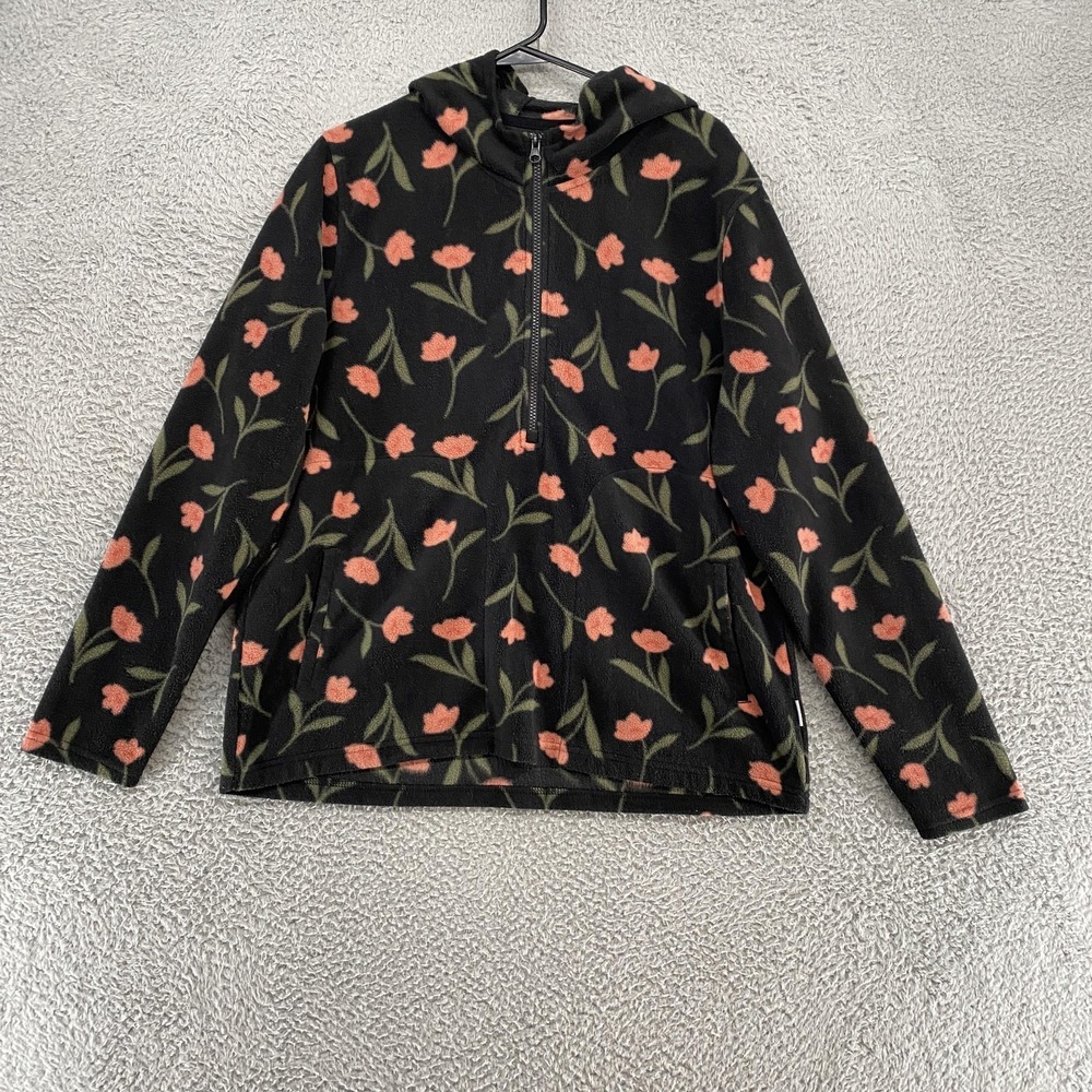O'Neill Fleece Hoodie Womens Large Black Floral Pullover Beachy Cozy Cottagecore
